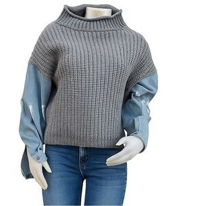 Vintage LU NYC Gray shaker with destroyed denim small cowl cropped sweater M